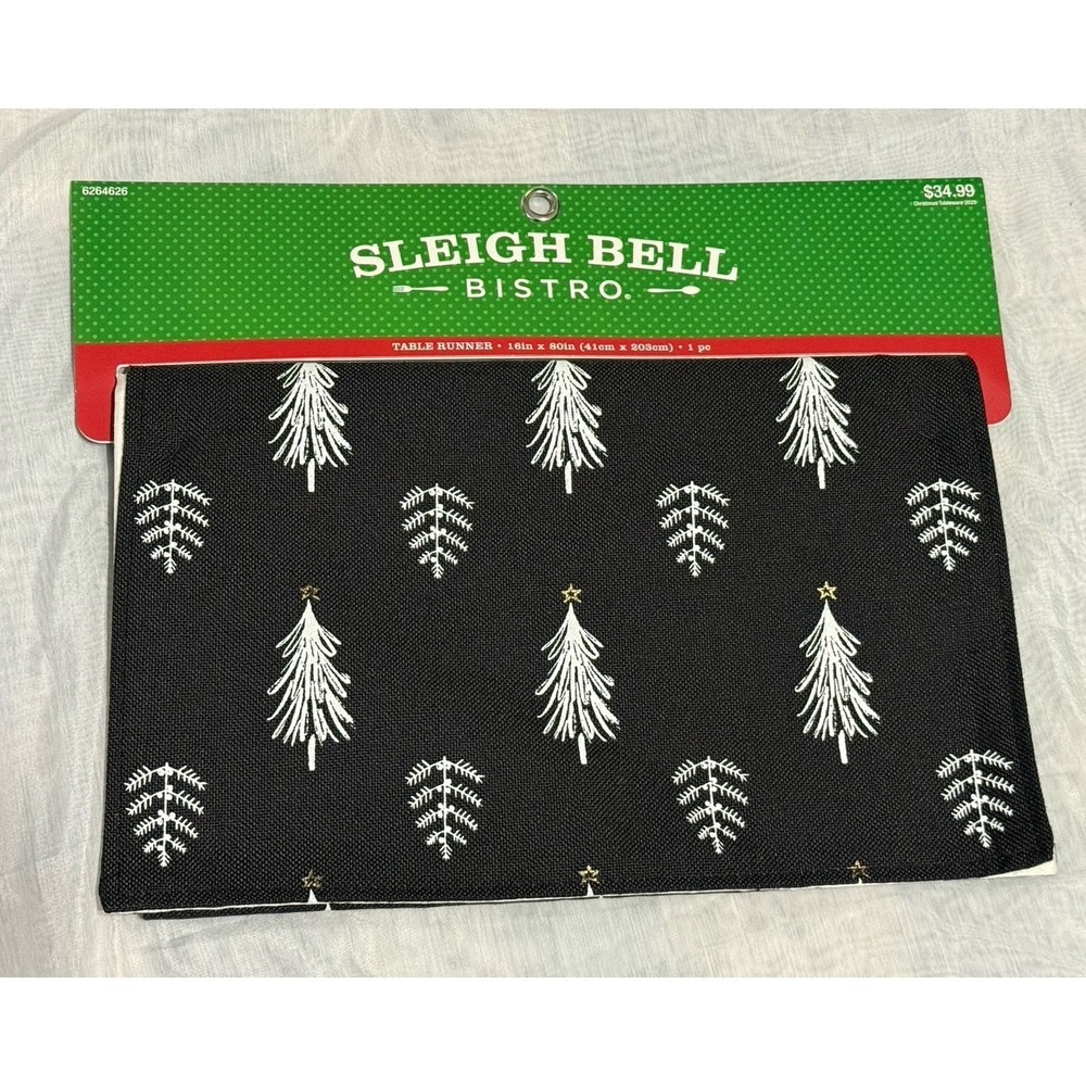 Sleigh Bell Bistro Christmas Table Runner Black White Trees Gold 16" X 80" NEW